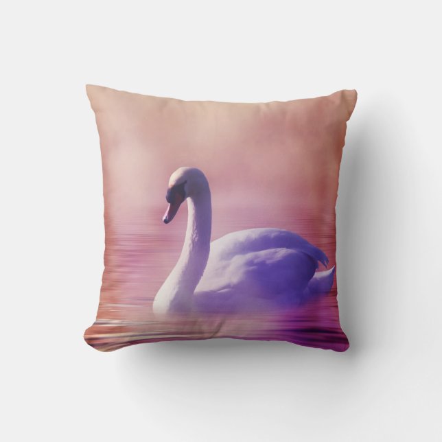 White Swan floating on a misty lake Throw Pillow (Front)