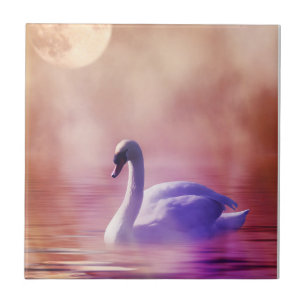 White Swan floating on a misty lake Tile