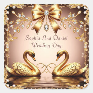 White Swan Floral Rings Bridal Theme Square Sticker