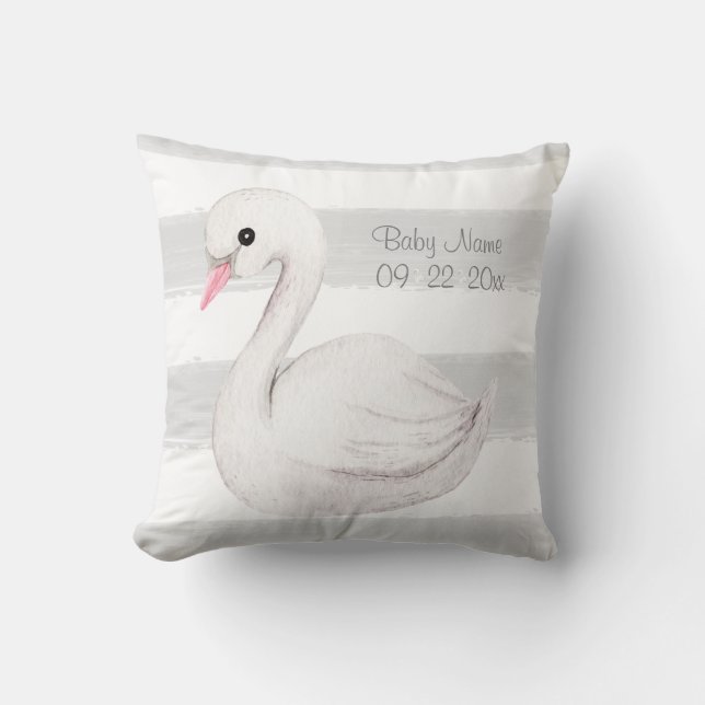 White Swan Grey Script Personalized Birth Throw Pillow (Front)