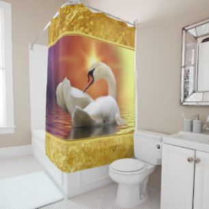 White Swan in a lake with a orange gold sunset