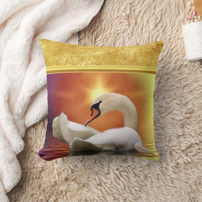 White Swan in a lake with a orange gold sunset Throw Pillow (Blanket)