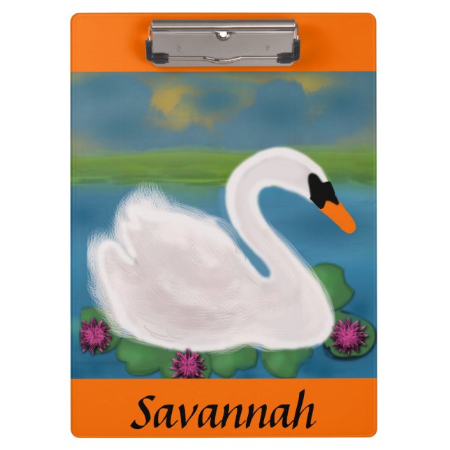 White Swan in Pond with Lily Pads Clipboard (Front)