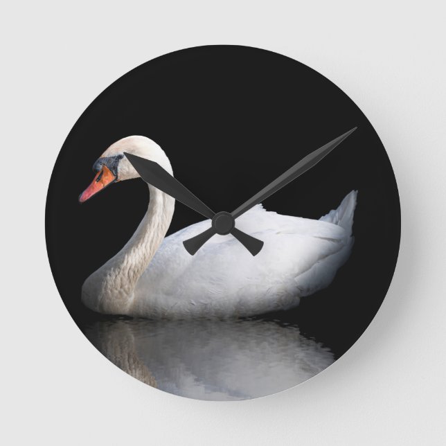White swan on black round clock (Front)