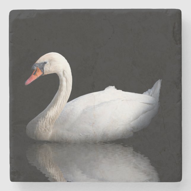 White swan on black stone coaster (Front)