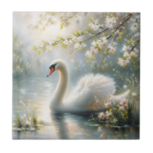 White Swan on Lake Floral Painting Tile