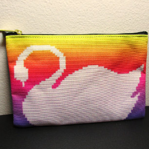 White Swan Pastel Rainbow Artisan Crochet Print Accessory Pouch