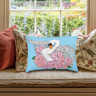White Swan Pink Flowers Accent Pillow