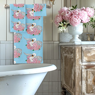 White Swan Pink Flowers Bath Towel Set