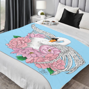 White Swan Pink Flowers Fleece Blanket