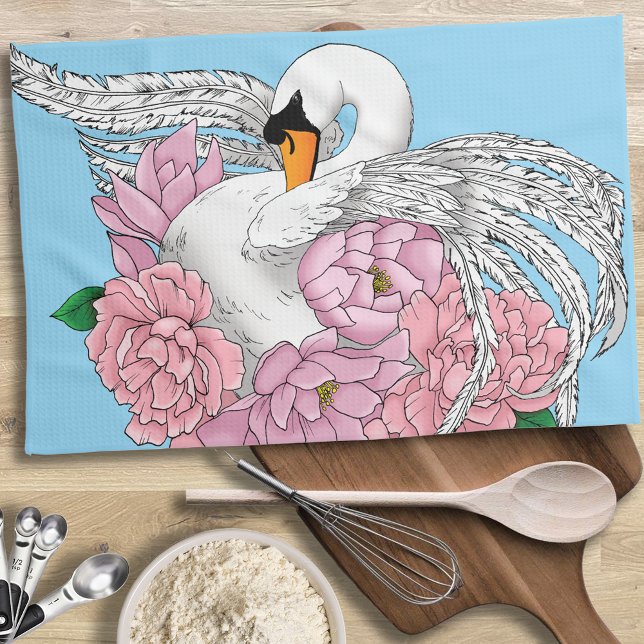 White Swan Pink Flowers Kitchen Towel (Creator Uploaded)