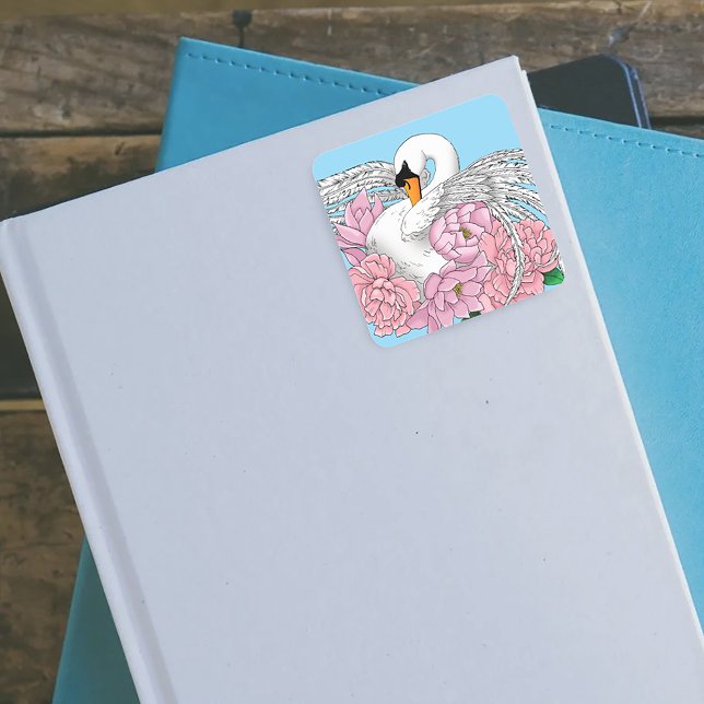 White Swan Pink Flowers Square Sticker (Creator Uploaded)