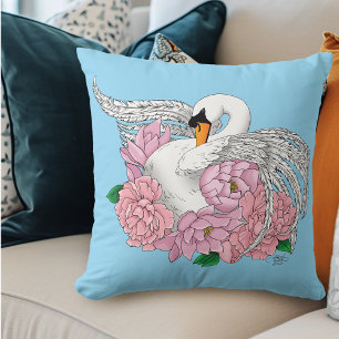 White Swan Pink Flowers Throw Pillow