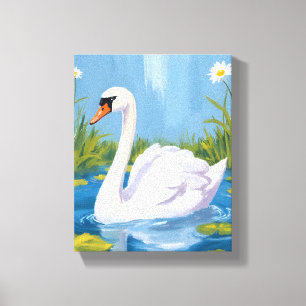 White Swan   Pond Watercolor Bird Painting Canvas Print