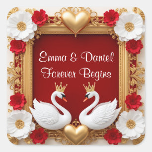 💖 White Swan Red Gold Romantic Wedding Theme 🦢 Square Sticker