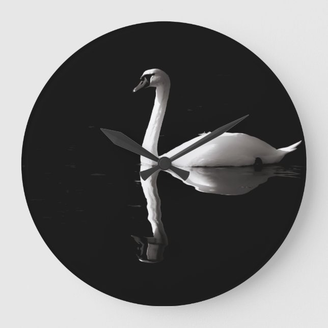White Swan Reflection On Black Lake Large Clock (Front)