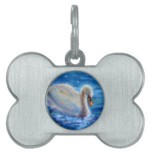 White swan watercolor painting pet ID tag