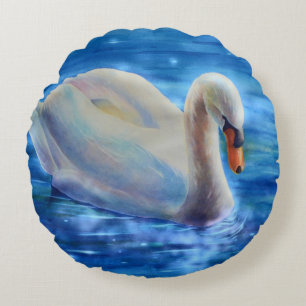 White swan watercolor painting, waterfowl, bird round pillow