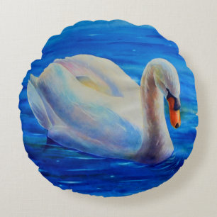 White swan watercolor painting, waterfowl, bird round pillow