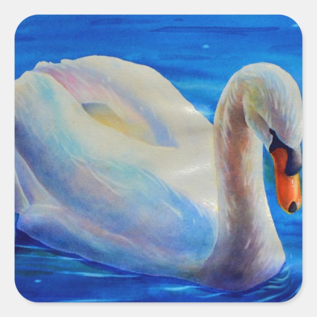 White swan watercolor painting, waterfowl, bird square sticker (Front)