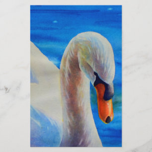 White swan watercolor painting, waterfowl, bird stationery
