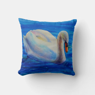 White swan watercolor painting, waterfowl, bird throw pillow