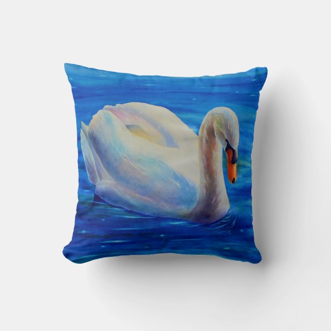 White swan watercolor painting, waterfowl, bird throw pillow (Front)