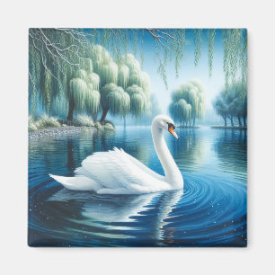 White Swan Weeping Willows Watercolor Art Magnet