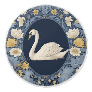 White Swan William Morris style Left facing Bird Ceramic Knob