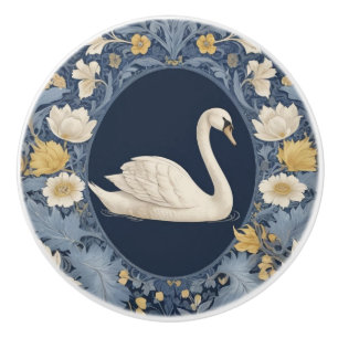 White Swan William Morris style Right facing Bird Ceramic Knob