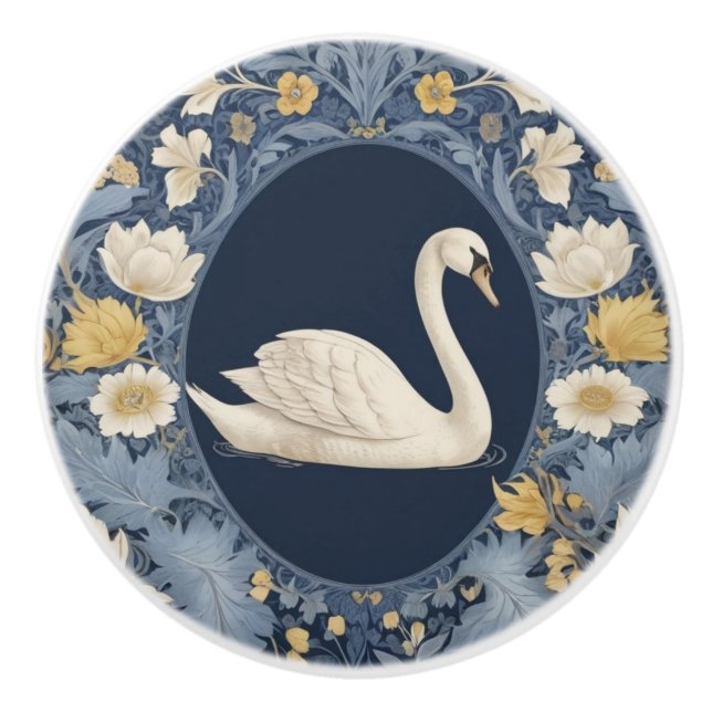 White Swan William Morris style Right facing Bird Ceramic Knob (Front)