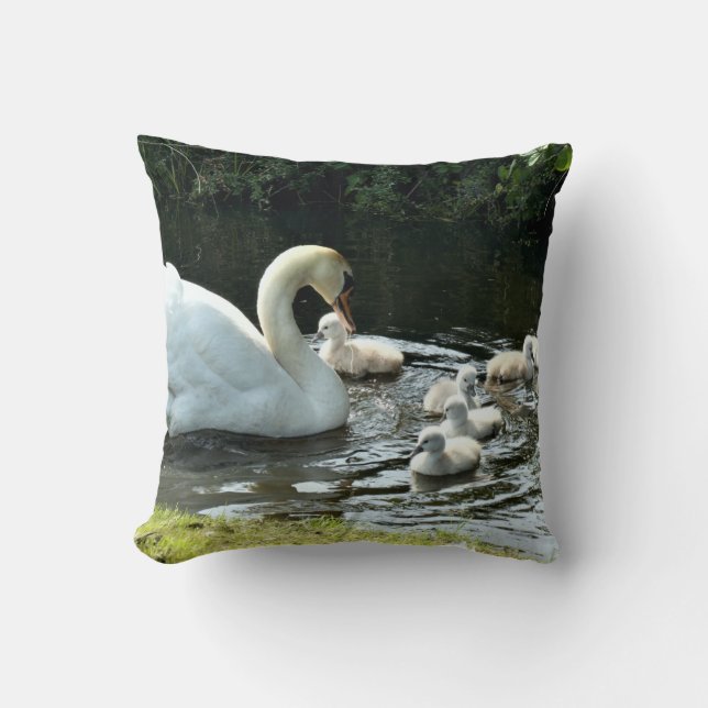 White Swan with Chicks Throw Pillow (Front)