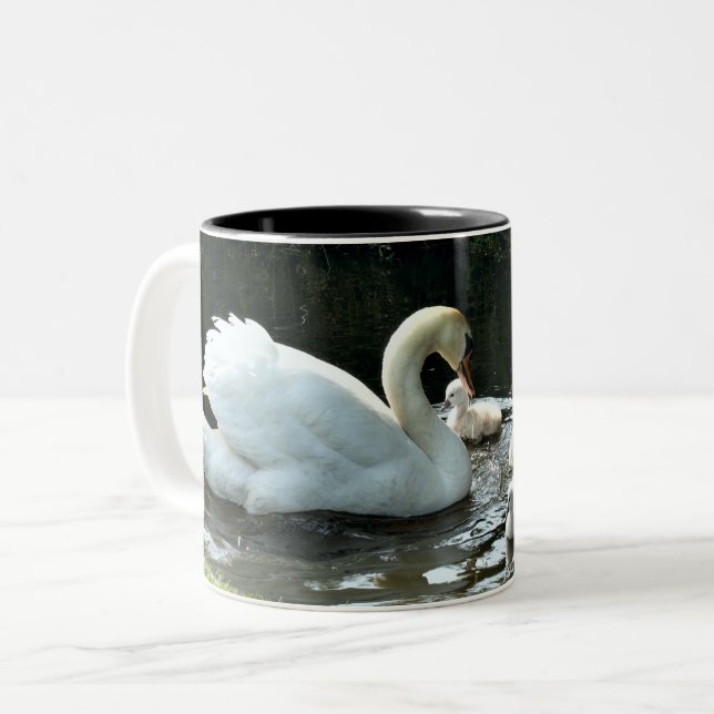 White Swan with Chicks Two-Tone Coffee Mug (Front Left)