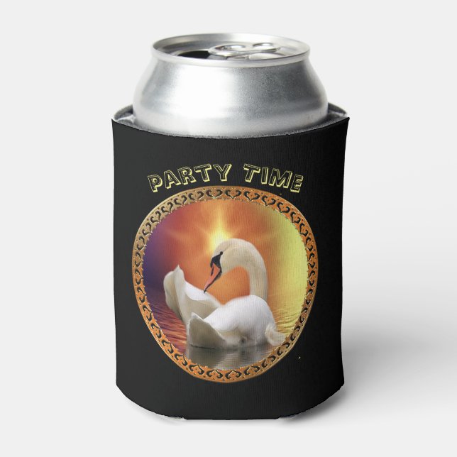 White Swan with gold and orange backdrop Can Cooler (Can Front)