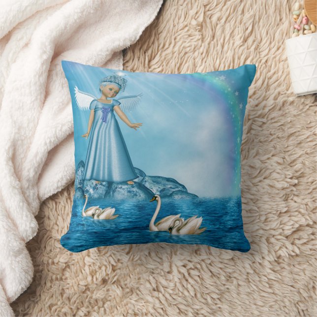 White Swans And Angel Throw Pillow (Blanket)