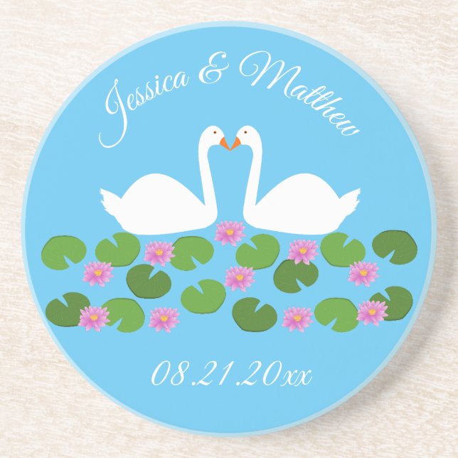 White Swans and Water lilies Wedding Custom Coaster (Front)