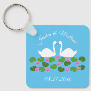 White Swans and Water lilies Wedding Custom Keychain