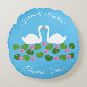 White Swans and Water lilies Wedding Custom Round Pillow
