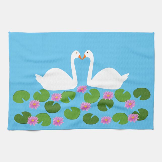 White Swans and Water lilies Wedding Kitchen Towel (Horizontal)
