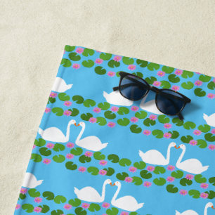 White Swans and Water lilies Wedding Patterned Beach Towel