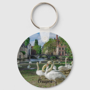 White swans in Bruges downtown Keychain