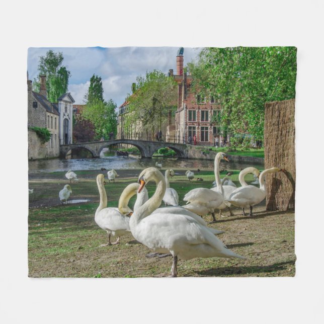 White swans in Bruges Fleece Blanket (Front (Horizontal))