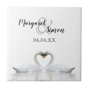 White swans in love with names and wedding date tile