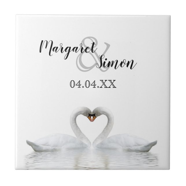 White swans in love with names and wedding date tile (Front)