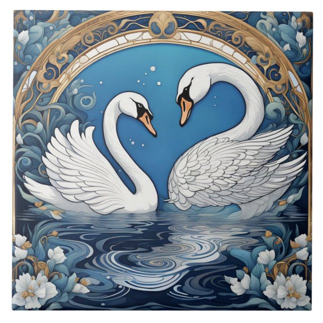 White Swans on Lake Art Nouveau Bird Art Deco Blue Tile (Front)
