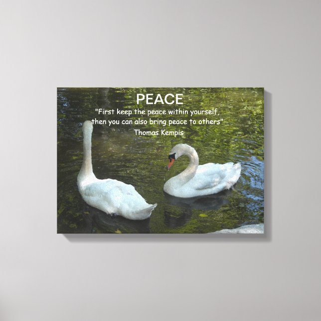 White Swans on the Water With Peace Quote Canvas Print (Front)