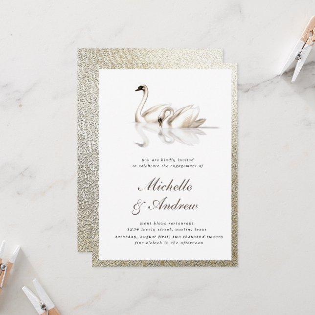 White Swans Textured Gold Engagement Invitation (Front/Back In Situ)