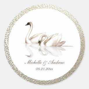 white swans textured gold monogram wedding classic round sticker