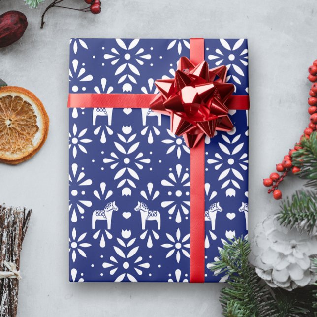 White Swedish Dala Horse Blue Holiday Gift Wrap (Creator Uploaded)
