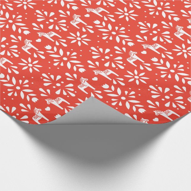 White Swedish Dala Horse Red Holiday Gift Wrap (Corner)